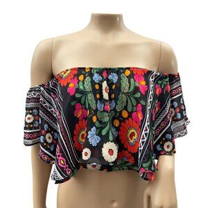 Show Me Your Mumu Boho Floral Off-Shoulder Cropped Flowy Top‎ Black Multicolor M